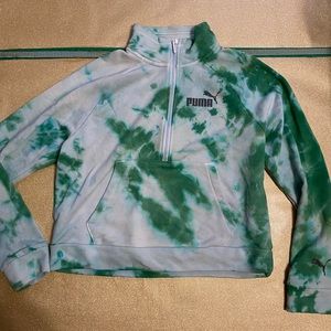 PUMA White & Green Tie Dye Quarter Zip Cropped Hoodie